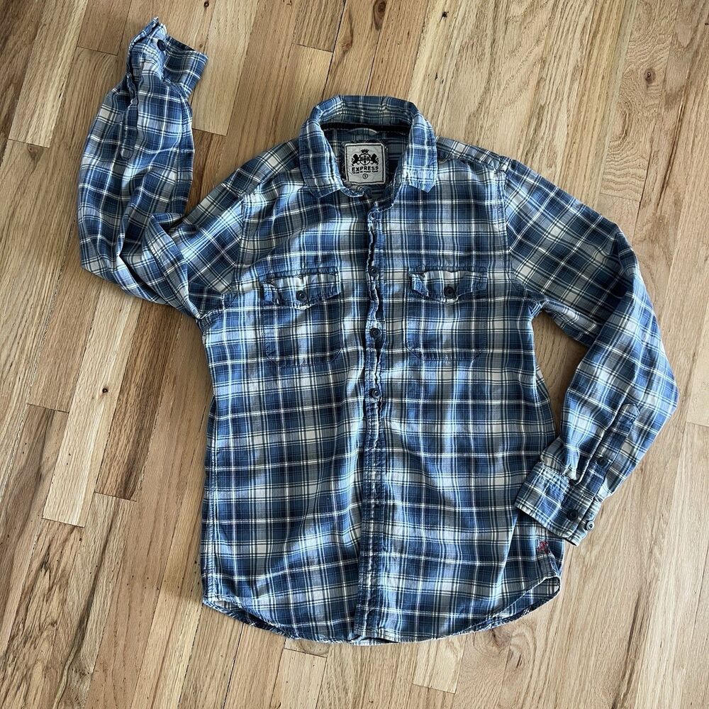 Y2K Express Button Up Shirt Men S‎ Blue beige Plaid classic cotton long sleeve